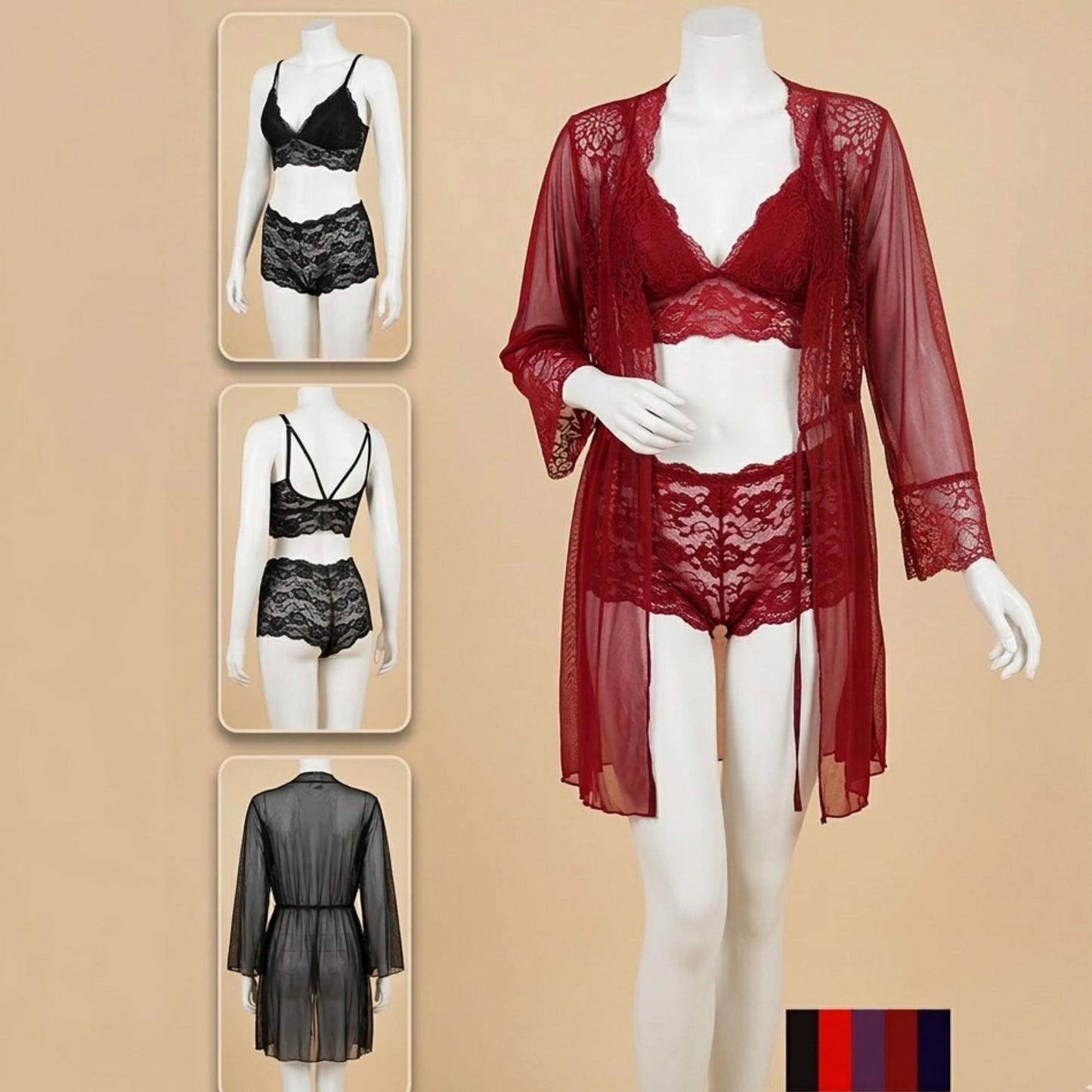 Lace 3-Piece Nightwear Set