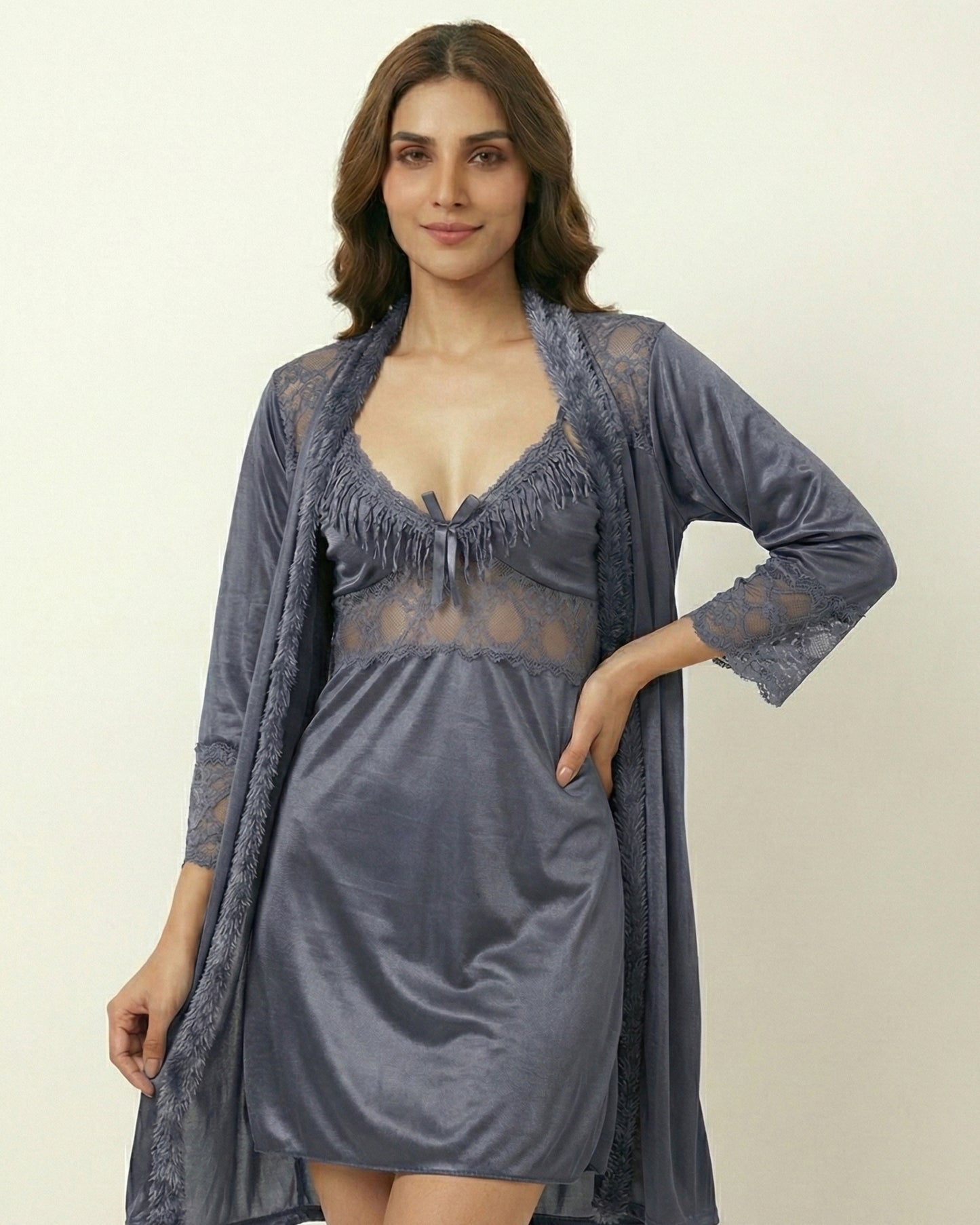 Satin Lace 3-Pc Bridal Nightwear Set