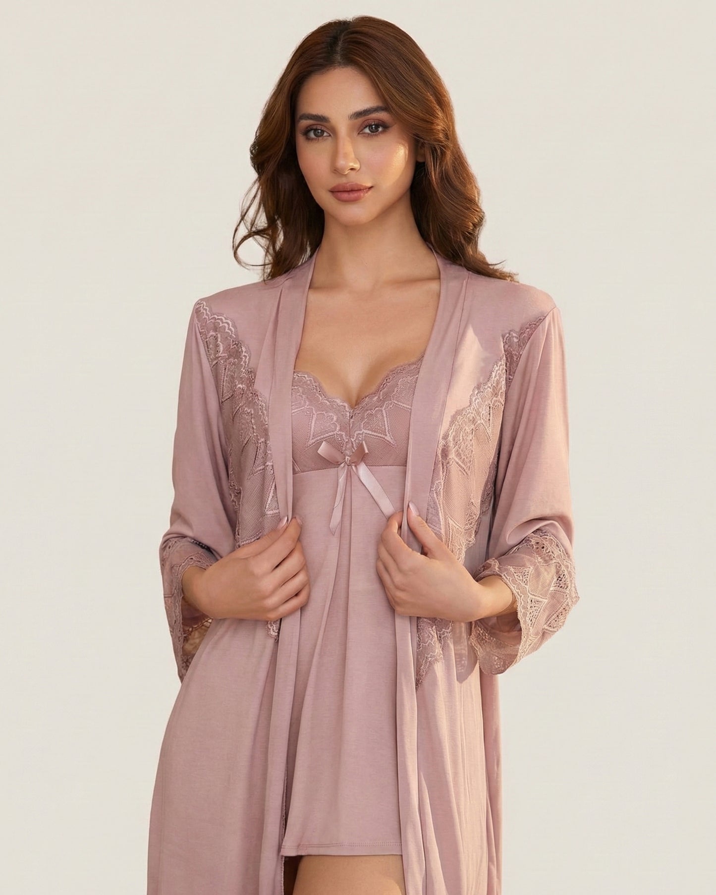 Lace & Soft Satin 3-Piece Bridal Nightwear Set with Robe