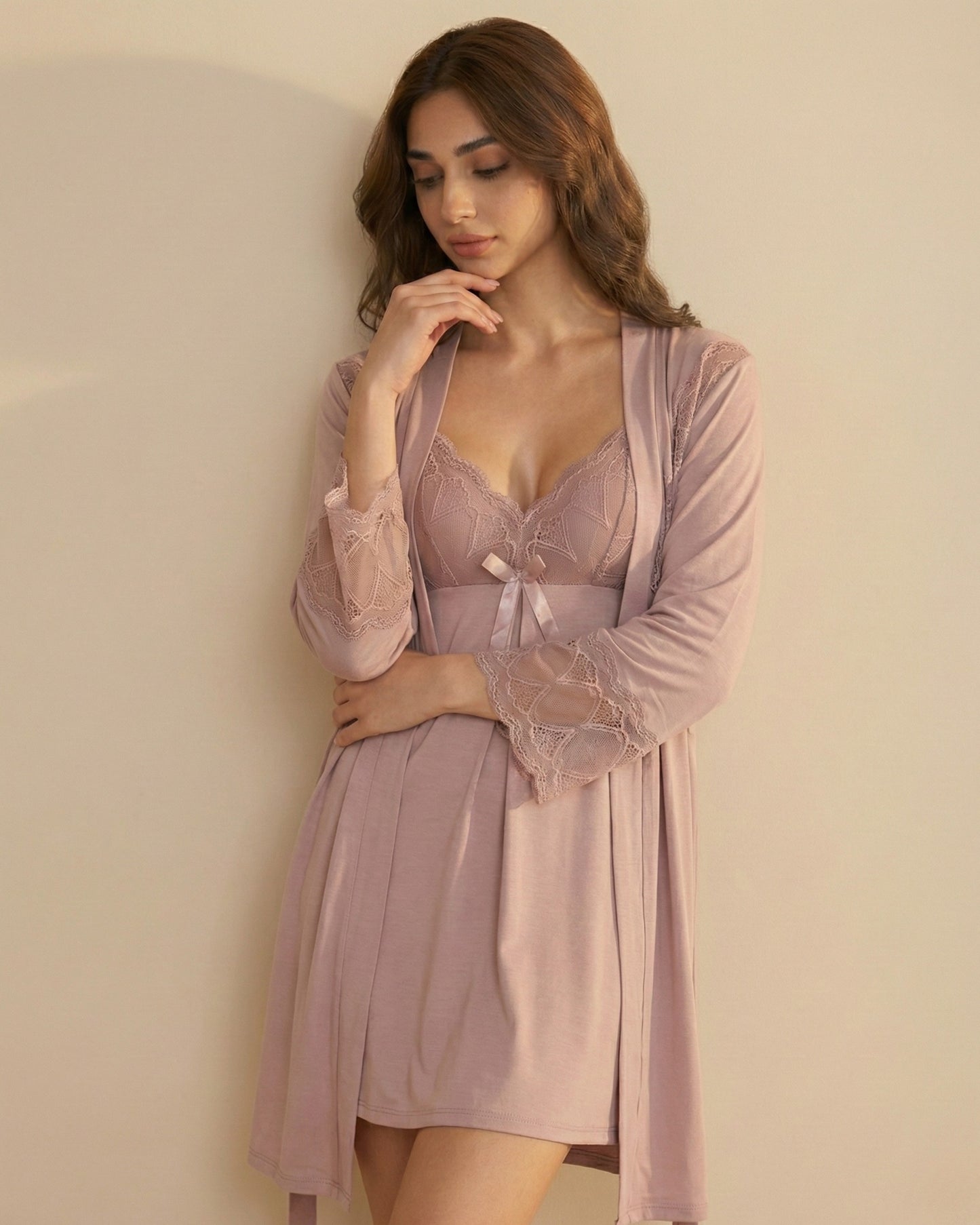 Lace & Soft Satin 3-Piece Bridal Nightwear Set with Robe