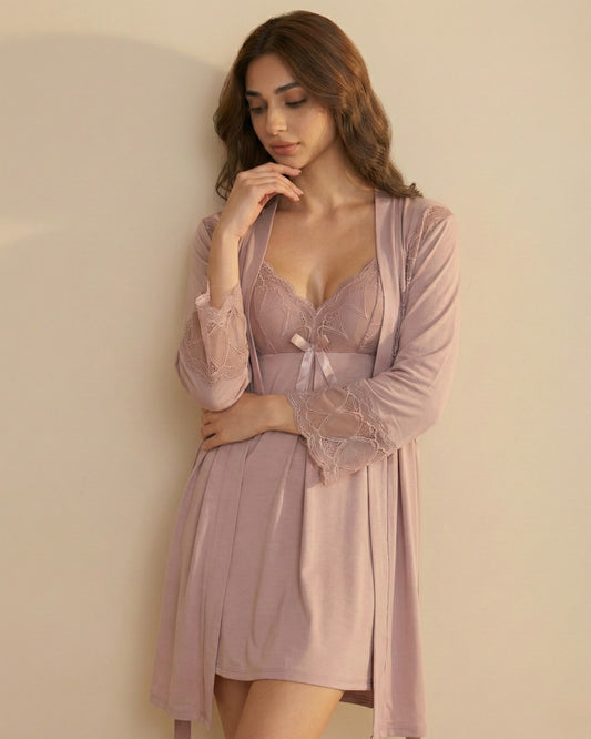 Lace & Soft Satin 3-Piece Bridal Nightwear Set with Robe