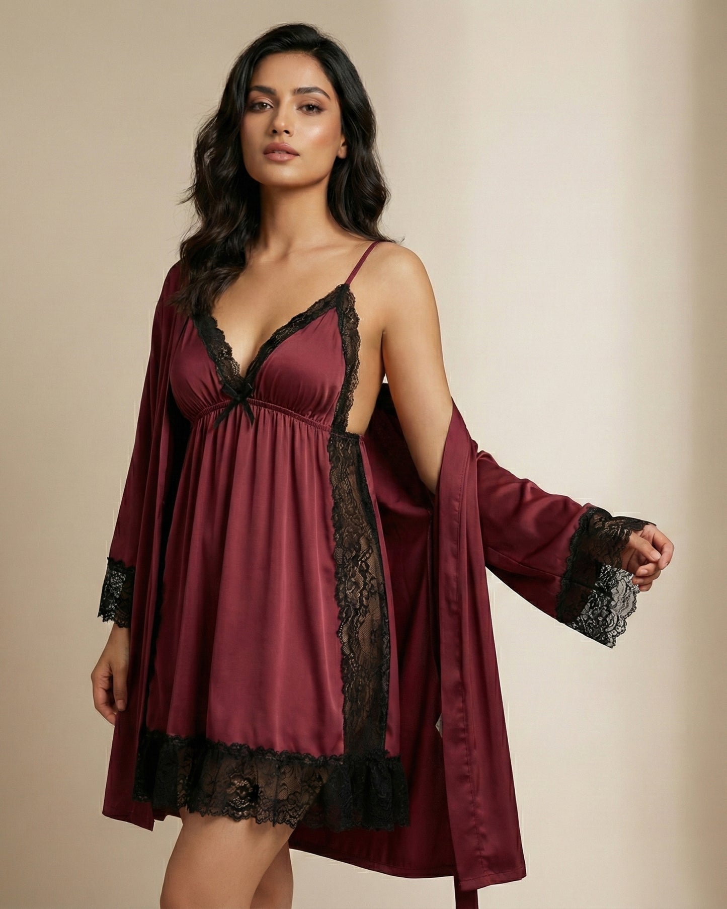 Satin & Lace 3-Piece Bridal Nightwear Set with Robe