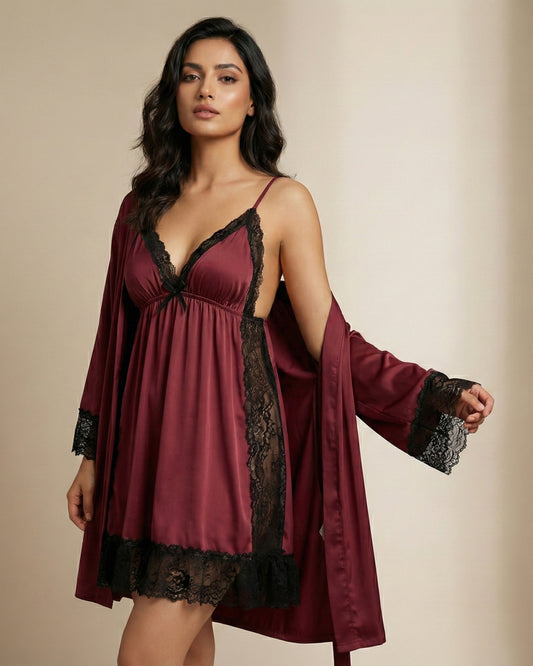 Satin & Lace 3-Piece Bridal Nightwear Set with Robe